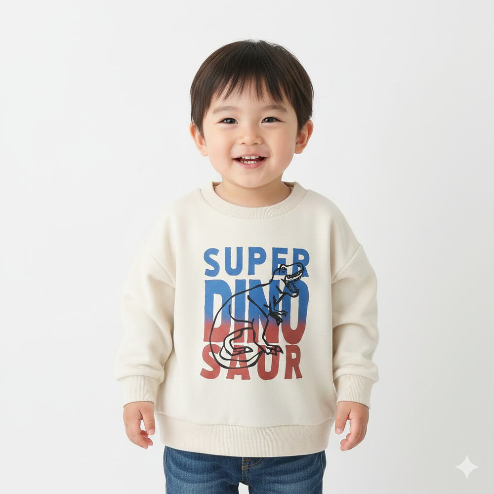 裏起毛俏皮印花長袖上衣-E超級恐龍-象牙白