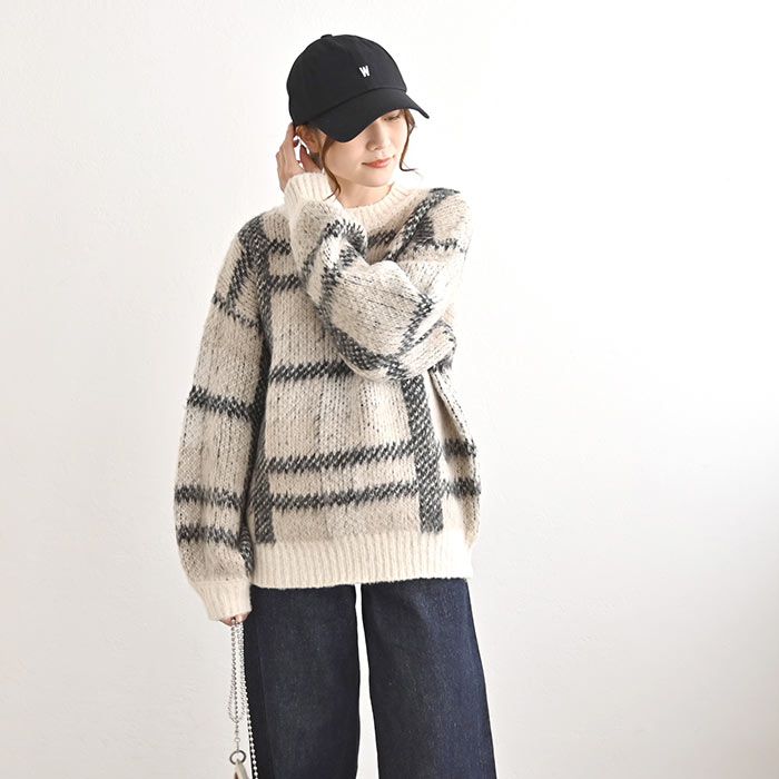 日本 ihuu - 大格紋俏皮針織毛衣-淺黃灰