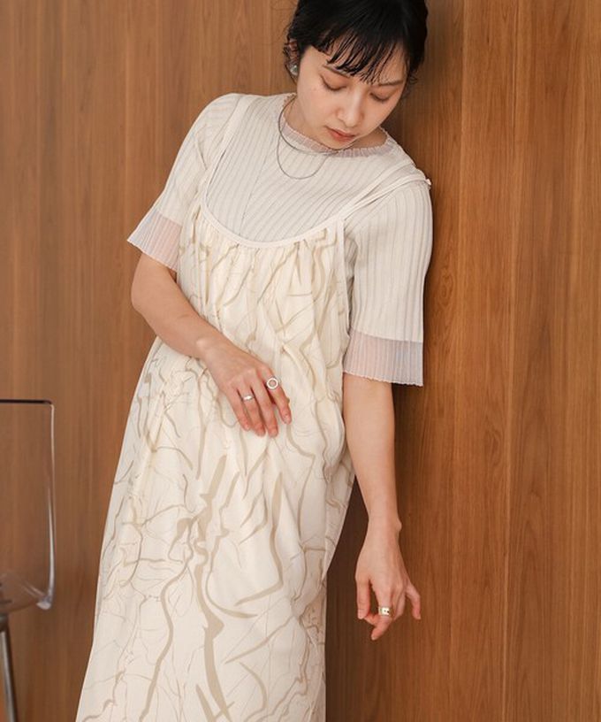 日本 Bab - 大理石印花雙層薄紗細肩帶洋裝-象牙白 (Ｍ)