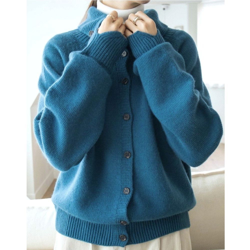 細緻喀什米爾羊毛排釦翻領針織外套-藍綠 (FREE)