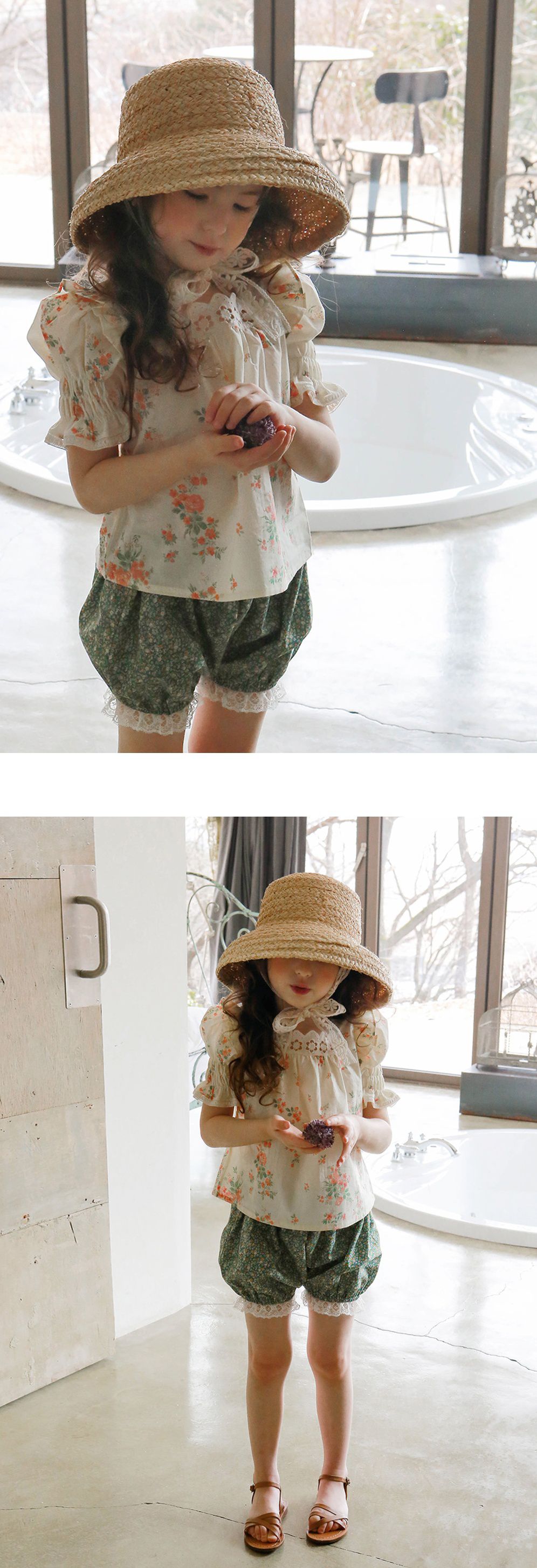 韓國 PuellaFLO - 碎花蕾絲燈籠褲-綠