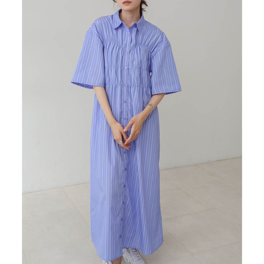 時尚抓皺襯衫式五分袖洋裝-條紋-藍