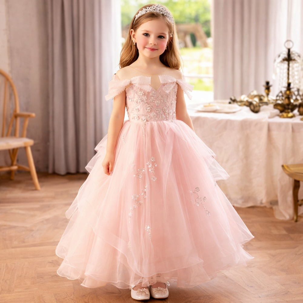 夢幻公主高端釘珠婚紗立體蝴蝶結長禮服-夢幻粉色