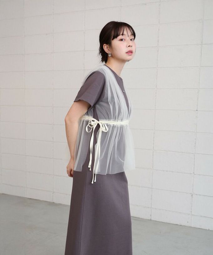 日本 Bab - 層次設計感薄紗拼接短袖洋裝-炭灰