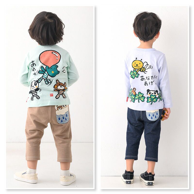 日本 ZOOLAND - 天竺棉和風手繪印花長T-幸運草-奶油杏