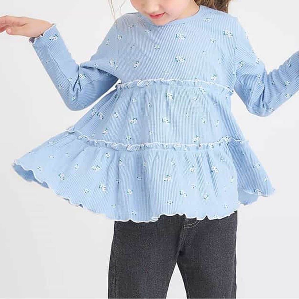 可愛層次感ＱＱ印花長袖上衣-小花-天藍