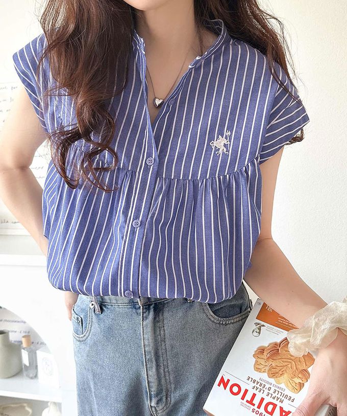 日本 Classical Elf - 刺繡logo成熟俐落法式袖襯衫-海軍藍條紋