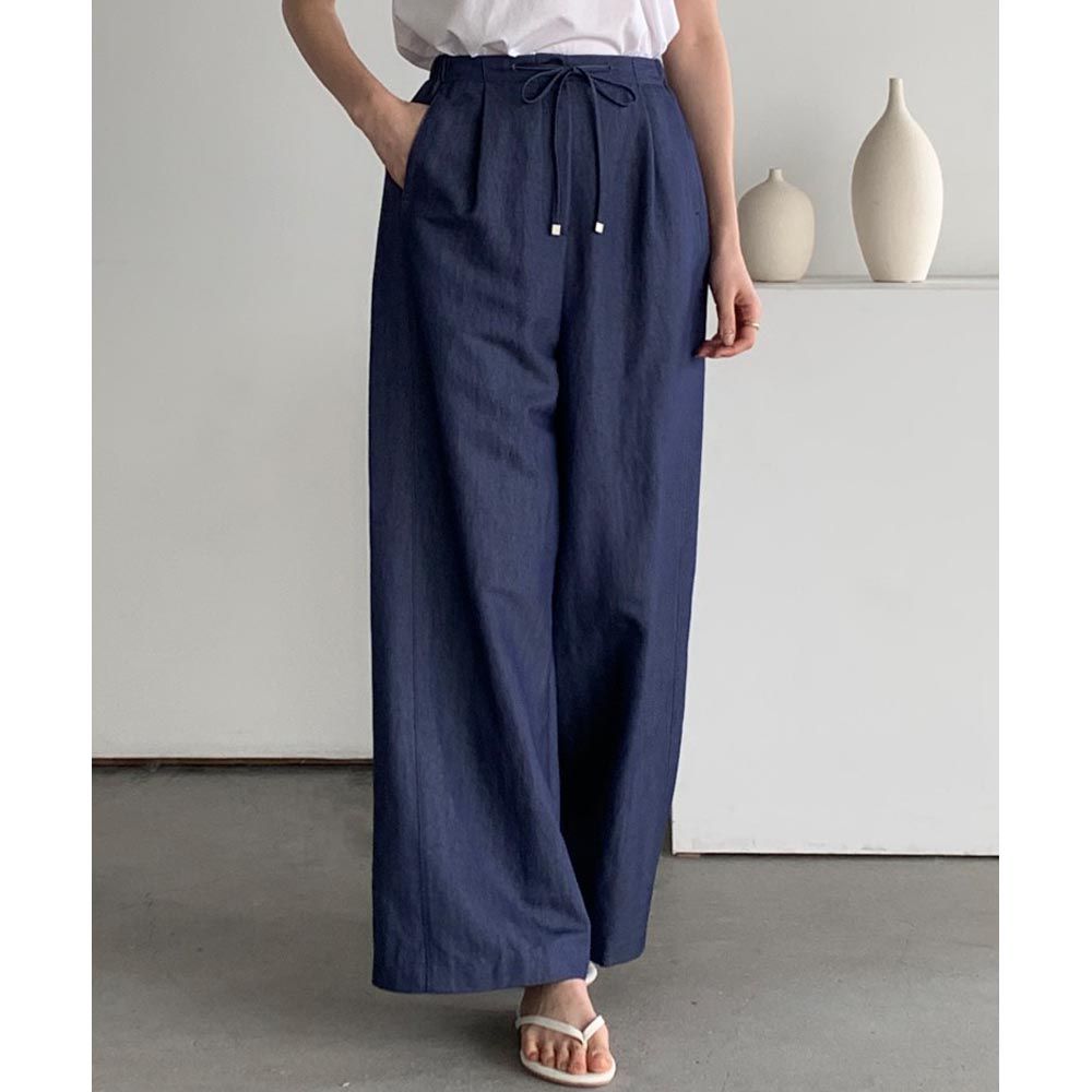 韓國女裝連線 - 鬆緊腰夏日寬鬆落地長褲-深藍 (FREE)