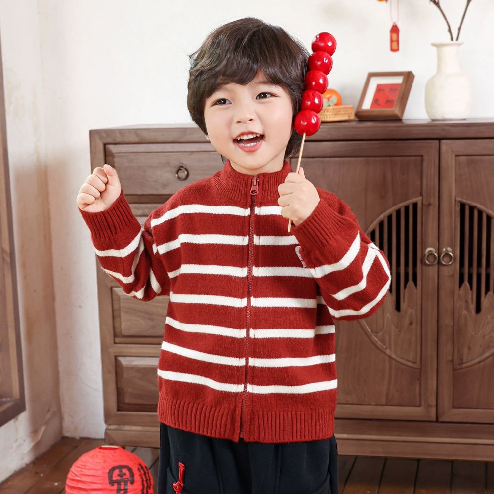 半高領條紋拉鍊毛衣外套-福-紅色