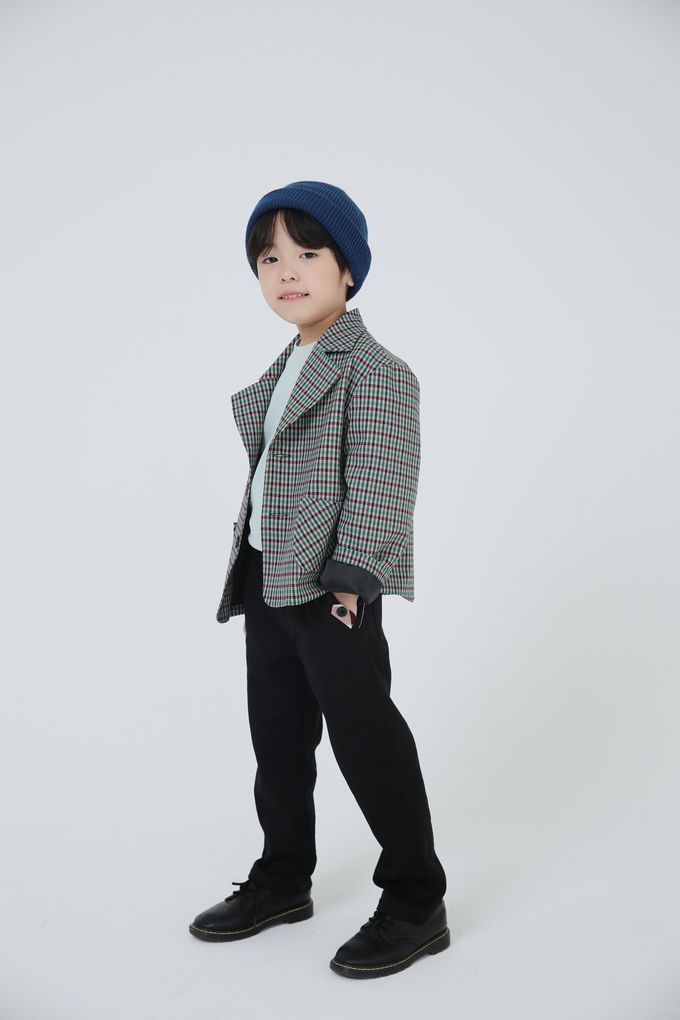 韓國 Coco Bang - 多彩色線格紋翻領西裝外套-咖X紅X綠X藍紫