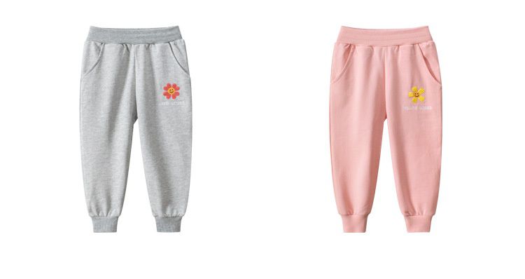 純棉縮口運動長褲-花朵刺繡-黑色