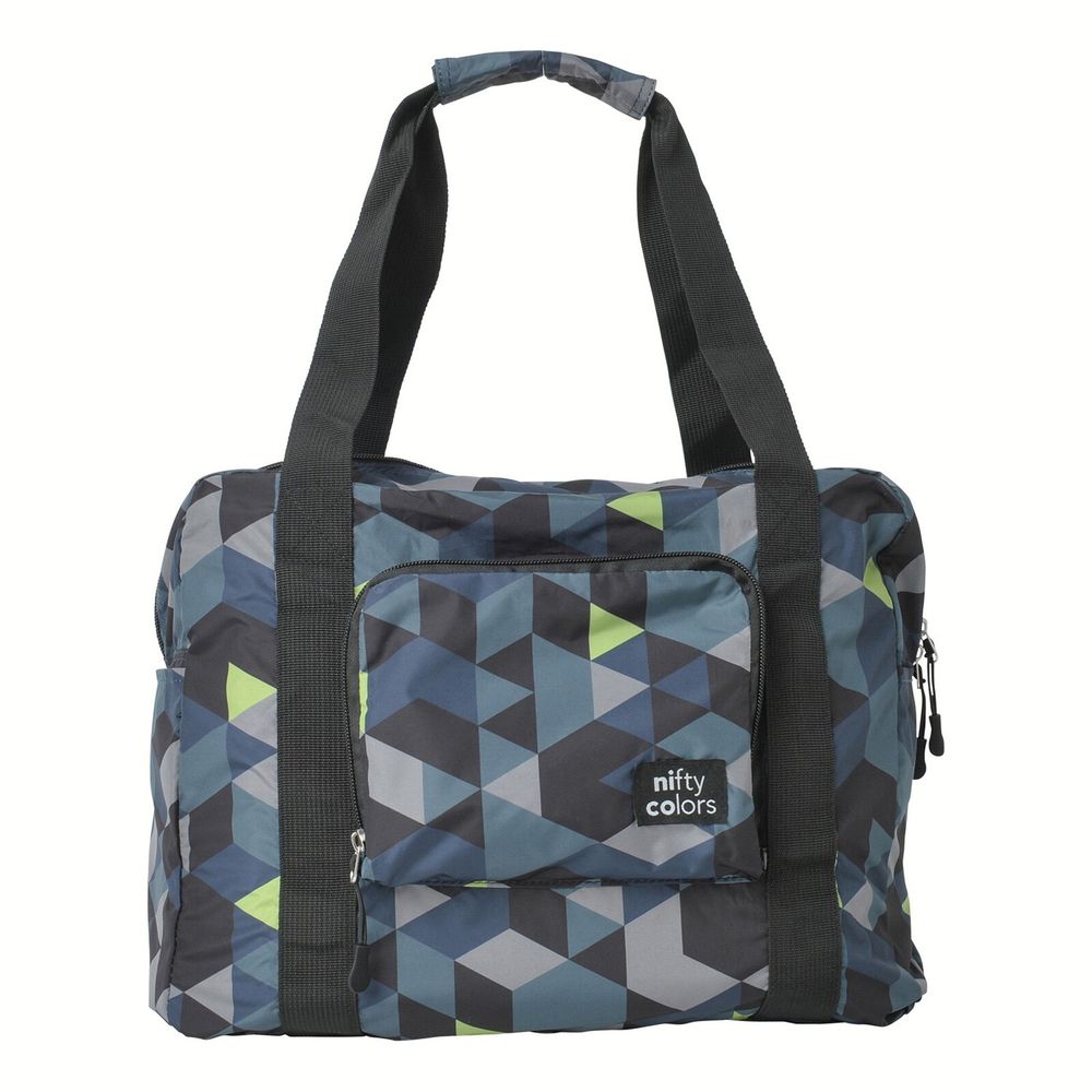 日本 nifty colors - 防潑水輕量多功能旅行袋(可折疊)-幾何方塊-藍黑 (30x39x16cm(18L))