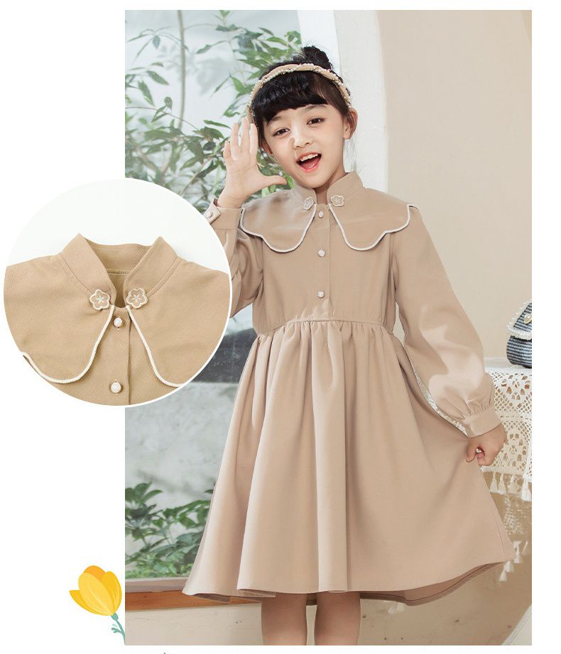 娃娃領燈芯絨長袖洋裝-卡其色