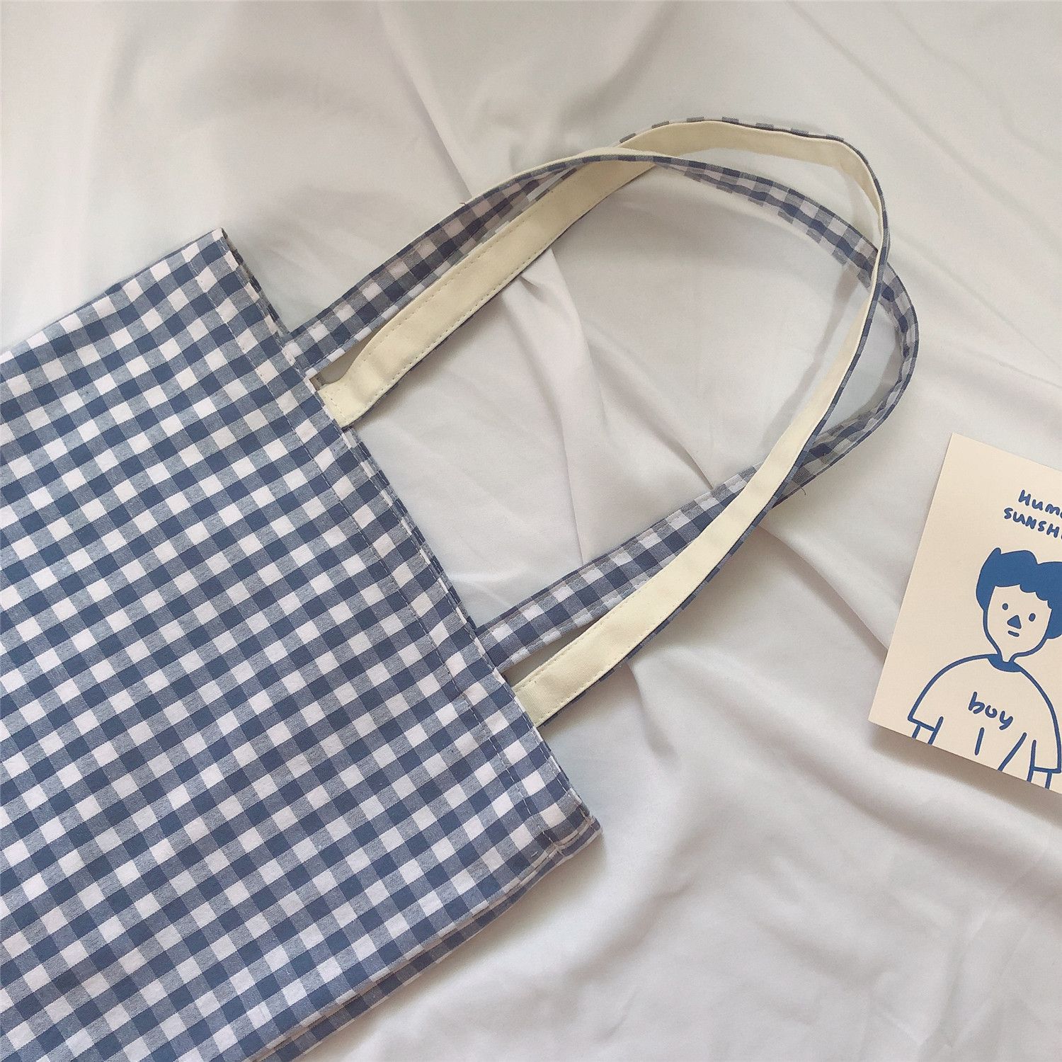 休閒格子單肩手提帆布袋-藍色 (37*35cm)