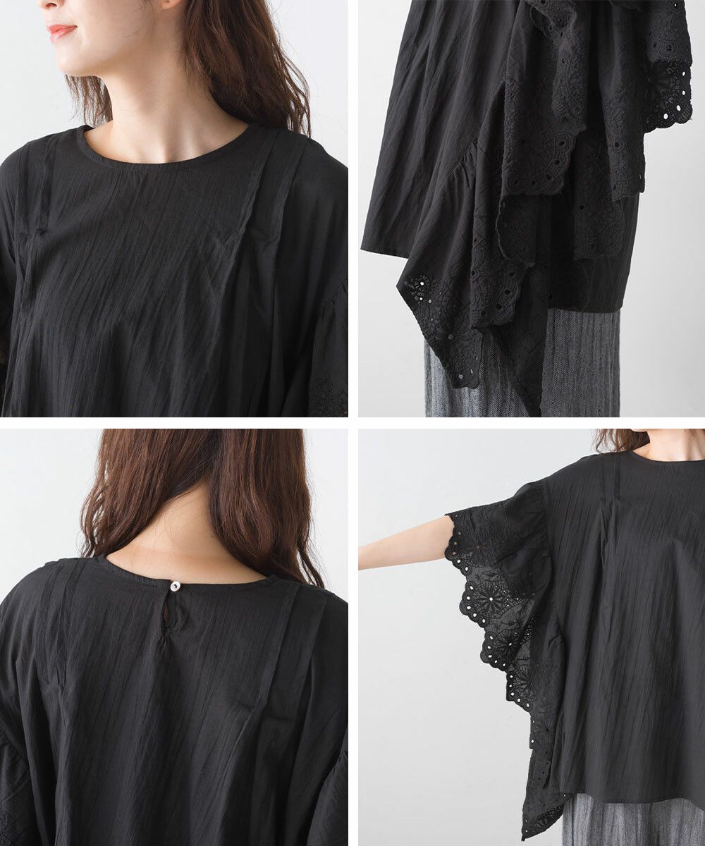 日本女裝代購 - 文藝刺繡大波浪寬鬆短袖上衣-經典黑