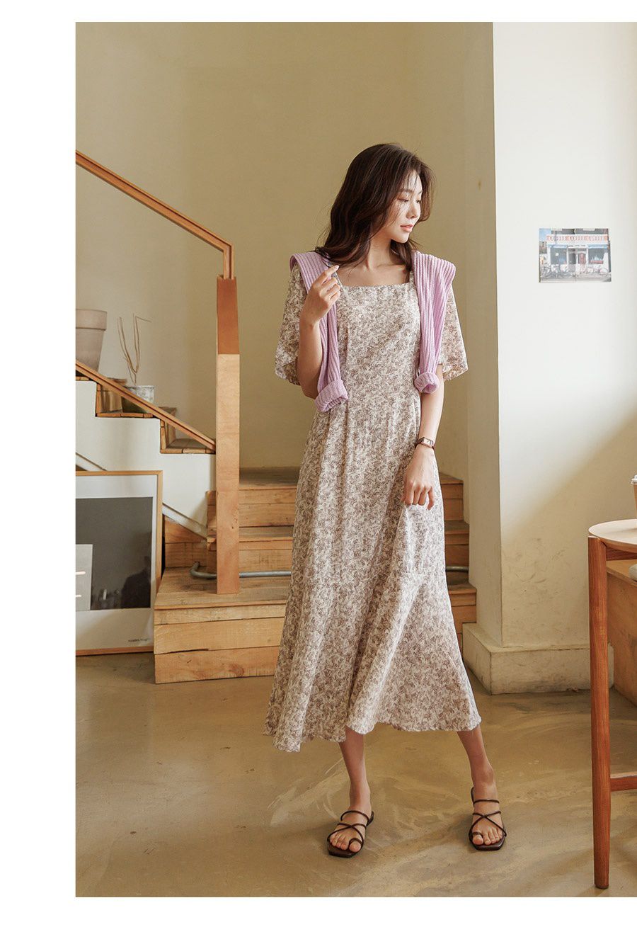 韓國 Urbantheroom - ㄩ字領收腰綁帶拼接洋裝-白底碎花 (Free)