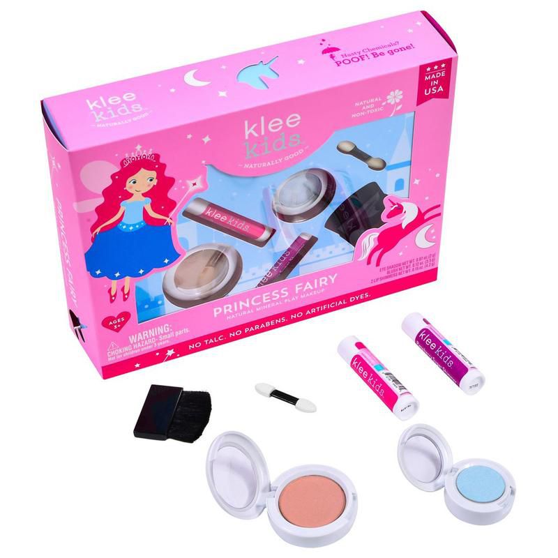 美國 Klee Kids - 公主精靈彩妝組-寶貝藍礦物眼影盒(2g)+玫橘色礦物腮紅盒(3.5g)+粉檸檬亮光潤唇膏(4.2g)+寶貝紅亮光潤唇膏(4.2g)+雙頭眼影棒/腮紅刷(共6件)
