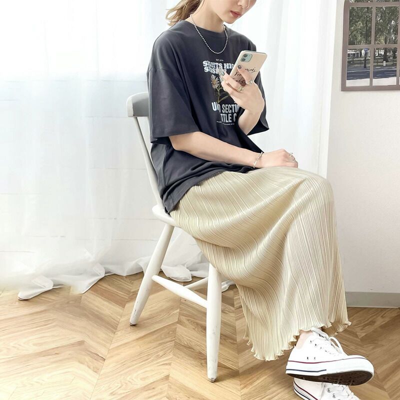 日本 Classical Elf - 經典楊柳百摺直筒裙-米杏