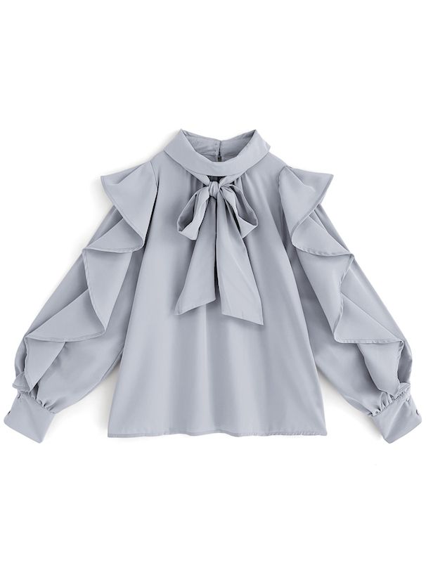 日本 GRL - 低調光澤蝴蝶結長袖上衣-煙燻粉 (F)