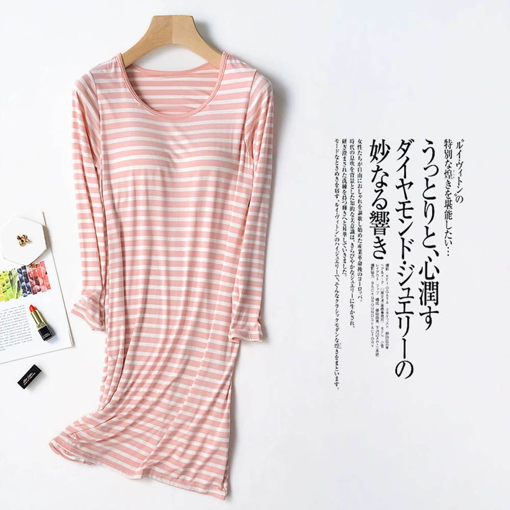 莫代爾柔軟長袖Bra T睡裙-粉白條紋
