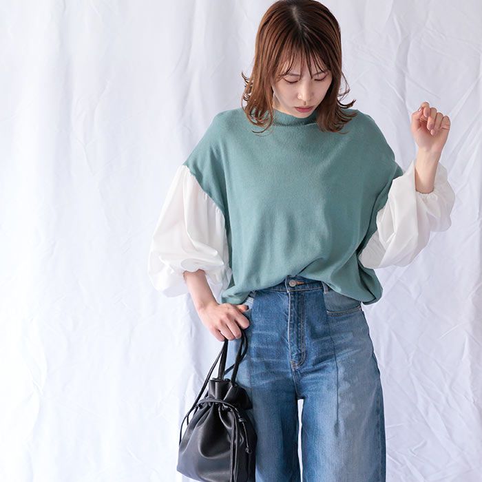 日本 ihuu - 氣球袖拼接薄針織上衣-黑x白