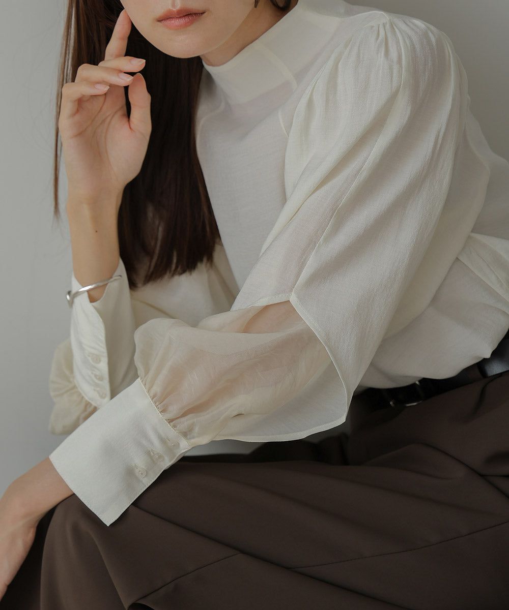 日本 Bab - 柔美紗拼接袖雪紡上衣-深可可