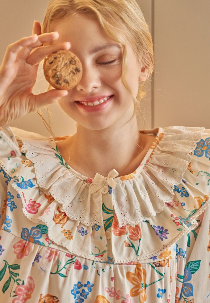 韓國 ULLALA - 童話熊花園荷葉領長袖睡衣套裝-淡黃 (FREE)