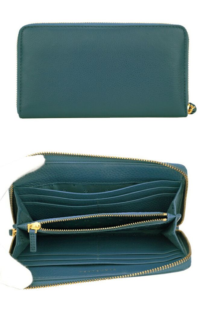 TORY BURCH - 雙T-LOGO皮革拉鍊長夾 (深綠)