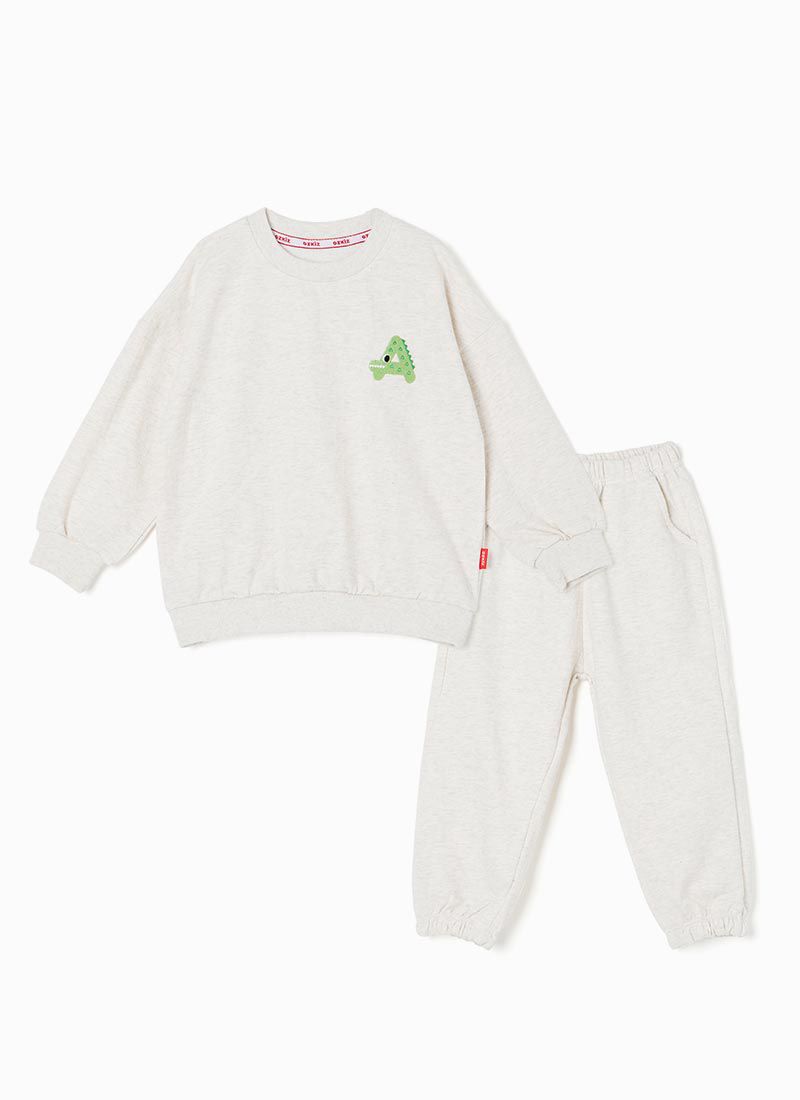 韓國 OZKIZ - 動物刺繡休閒長袖縮口套裝-鱷魚-淺灰