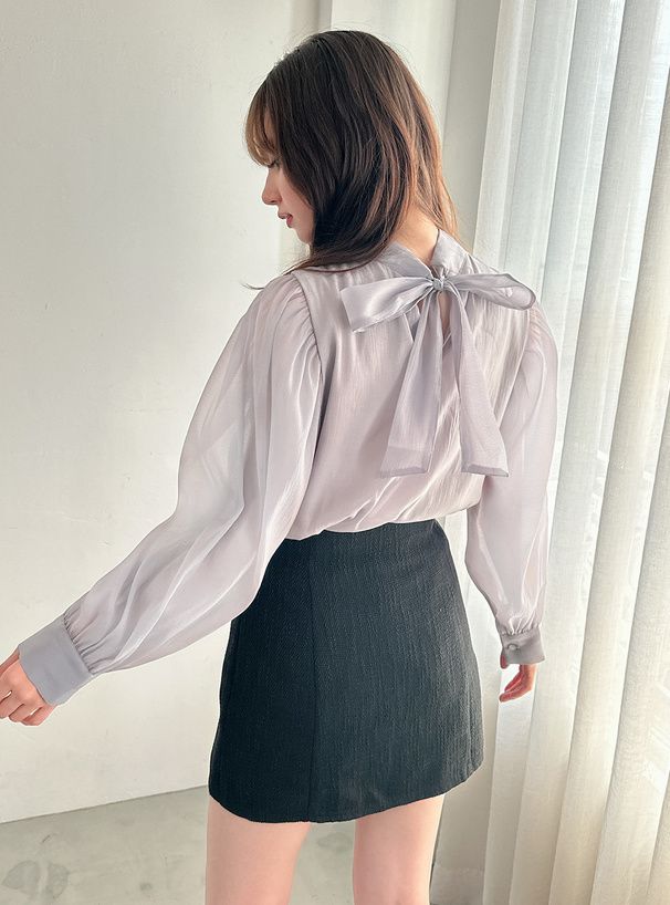 日本 GRL - 夢幻薄紗後綁帶長袖上衣-白 (F)