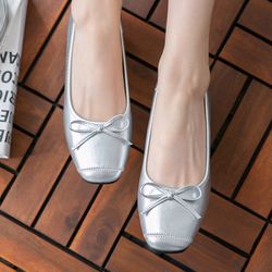 韓國 PINKELEPHANT - 可愛蝴蝶結方頭矮跟鞋(3cm)-銀