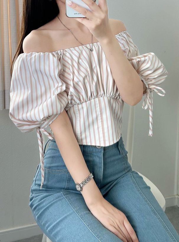 日本 GRL - 2WAY夏日感綁帶氣球袖上衣-淺杏粉