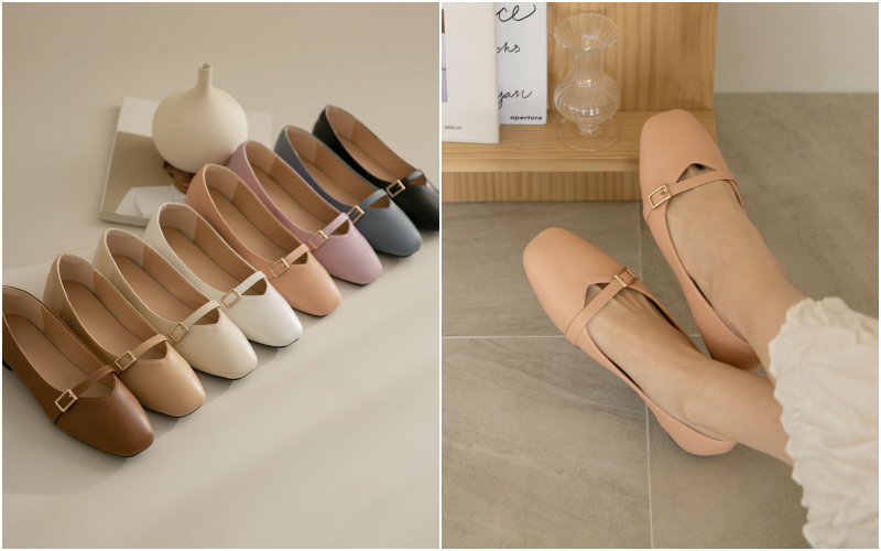 韓國 PINKELEPHANT - 金釦帶軟底低跟包鞋(1.5cm)-粉紫