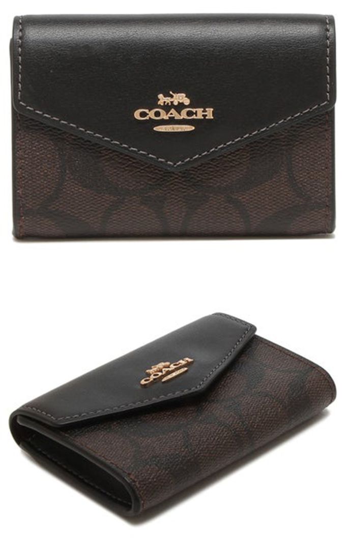 COACH - 拼接皮革翻蓋卡片夾 (咖啡黑)