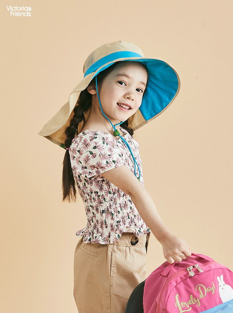 韓國 Victoria & Friends - UPF 50+ 防潑水透氣軟鋼絲遮脖遮陽帽(附口哨)-簡約杏