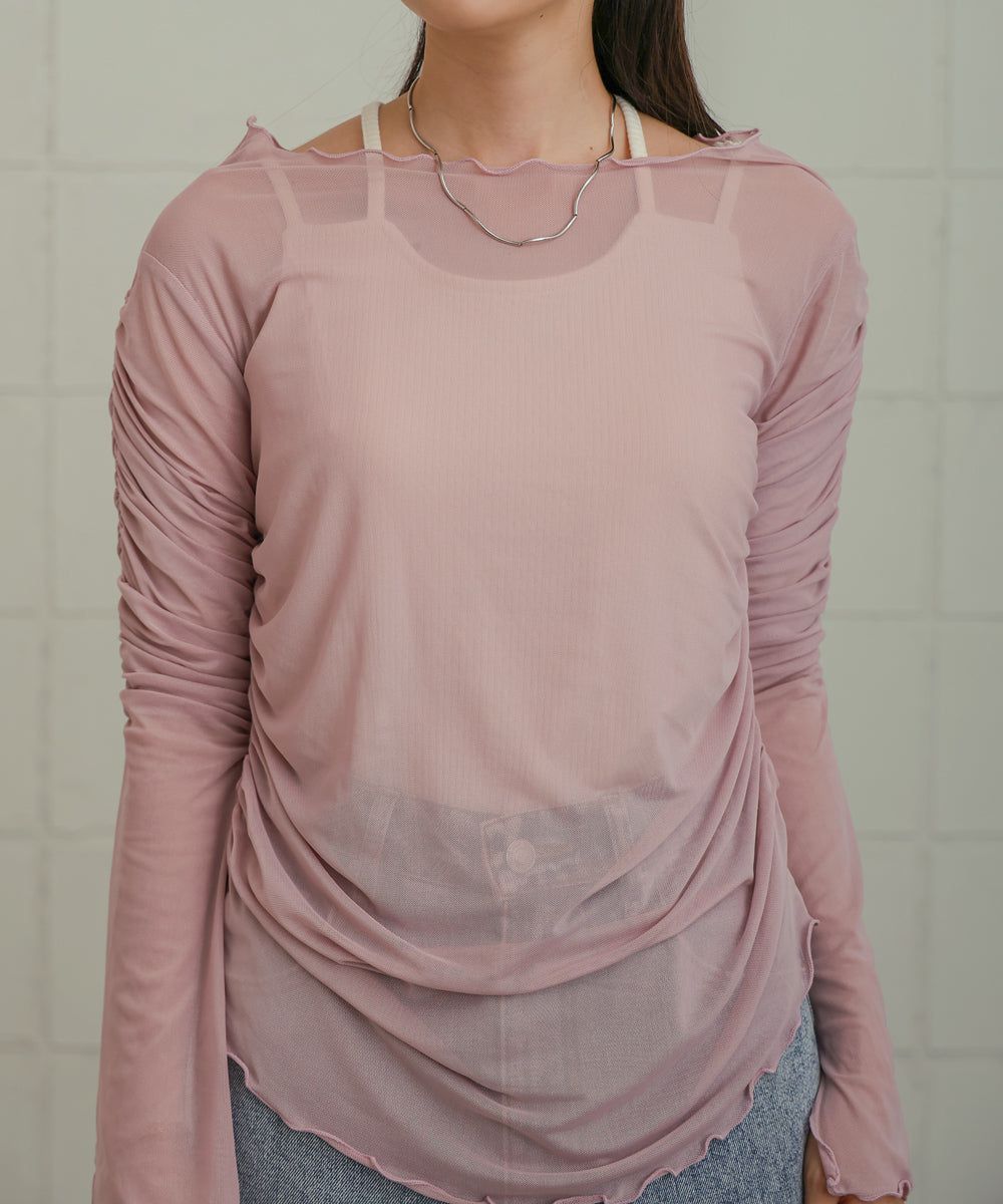 日本 Bab - 時尚透感抓皺長袖內搭/上衣-深可可