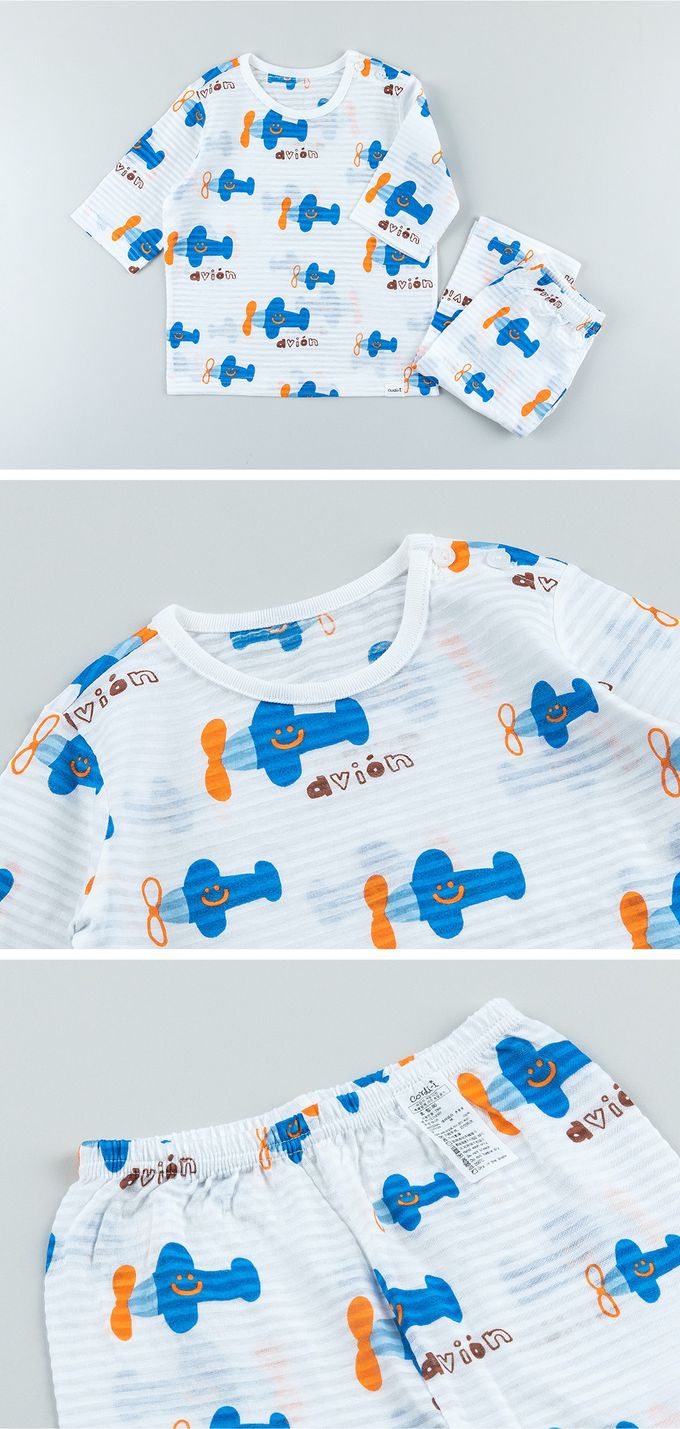 韓國 Cordi-i - 無螢光棉透氣緹花七分袖家居服-藍色飛機-白