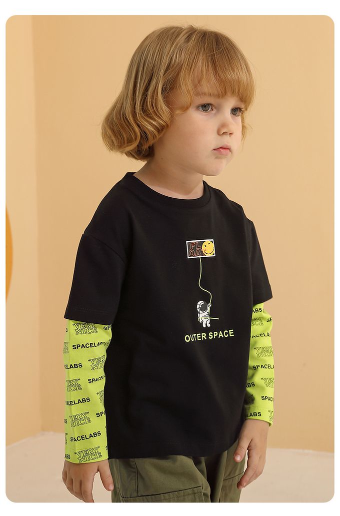 圓領假兩件長袖上衣-漂浮太空人-黑+螢光綠色