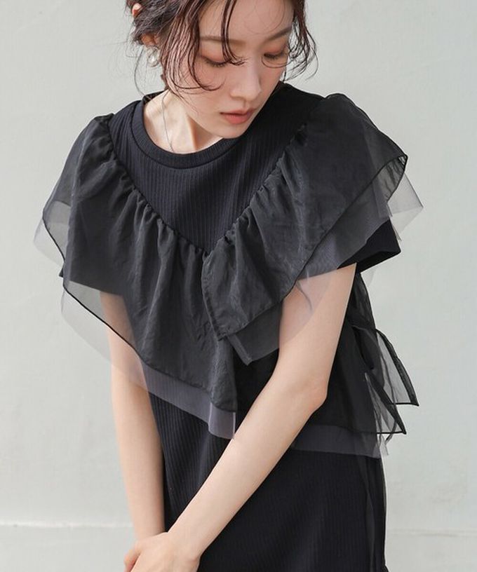 日本 Bab - 不對稱交叉薄紗拼接短袖洋裝-淺灰