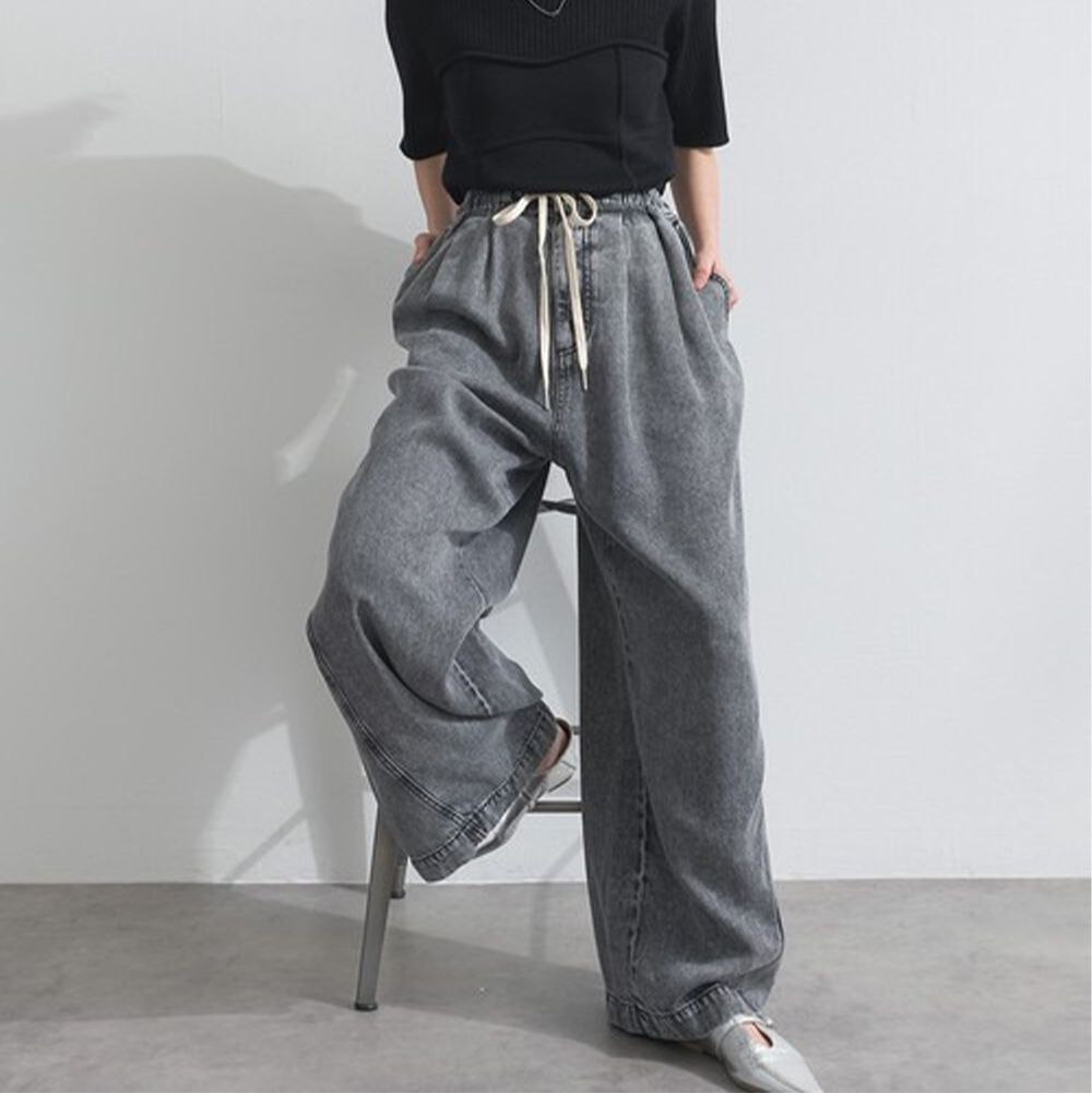 接觸冷感 天絲柔軟丹寧腰綁帶寬褲-炭黑