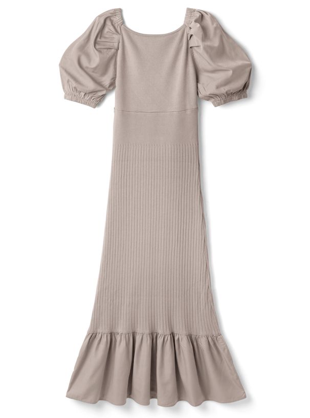 日本 GRL - 甜美桃心領泡泡短袖洋裝-淺卡其