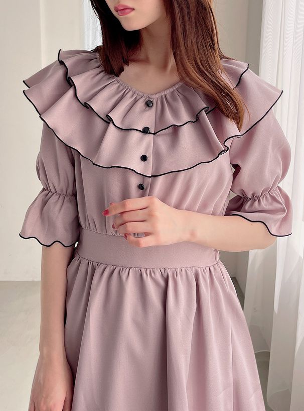 日本 GRL - 浪漫滿屋層次糖果袖收腰洋裝-經典黑