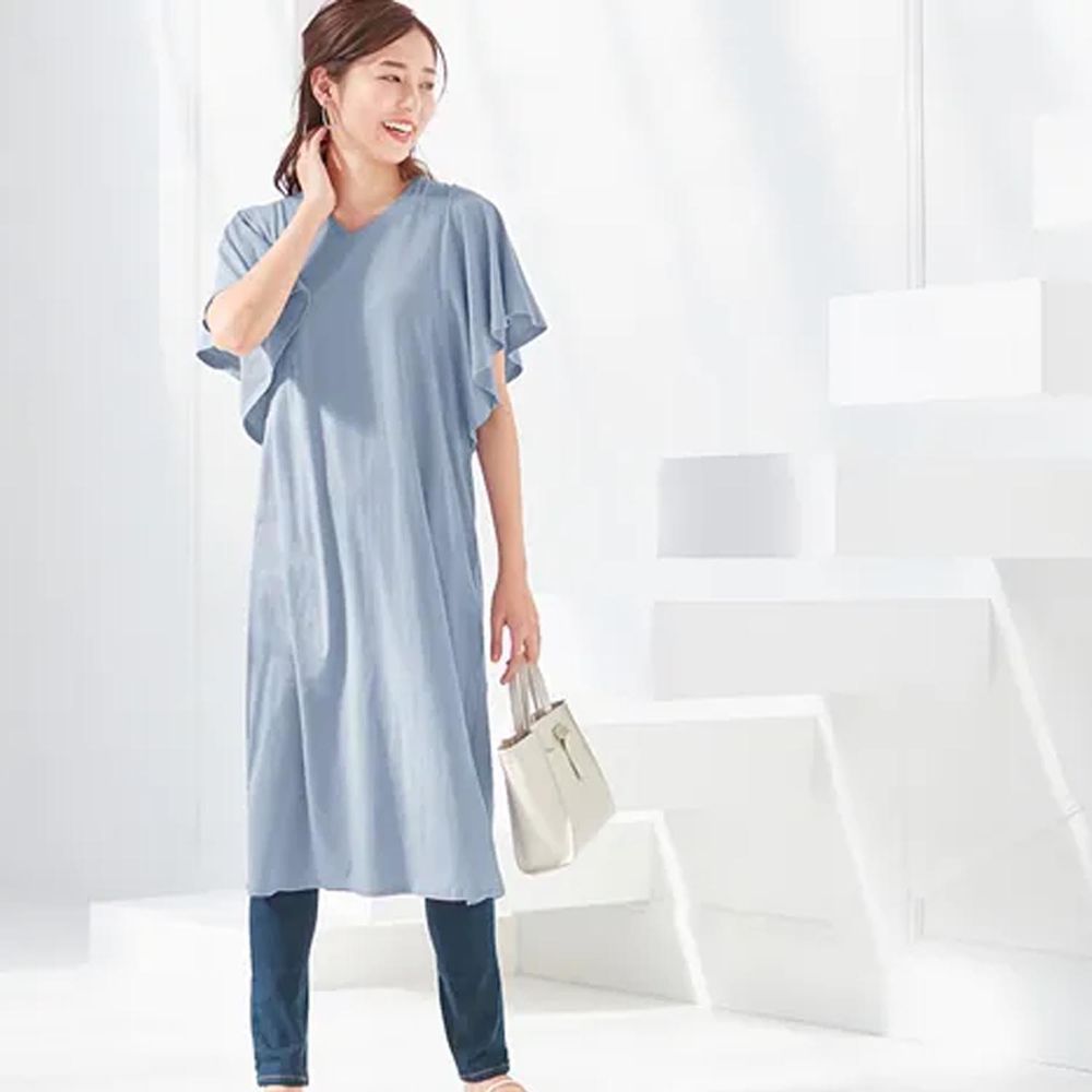 日本 BELLUNA - 防曬涼感 五機能波浪短袖洋裝-藍