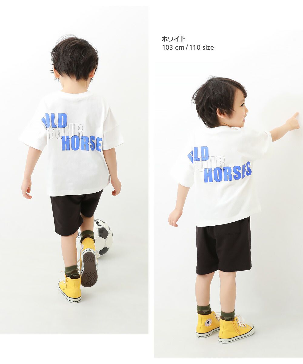 日本 devirock - 背後標語印花落肩短袖上衣-白底藍字