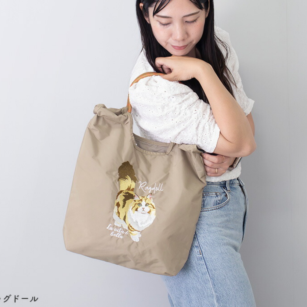 萌趣動物刺繡編繩肩背/手提包-布偶貓-卡其 (H32×W37×D7)