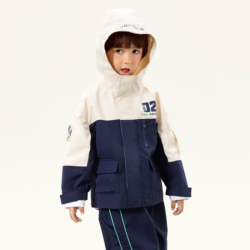 卡通汪汪隊防風防水連帽衝鋒外套-卡通人物阿奇-米白+深藍