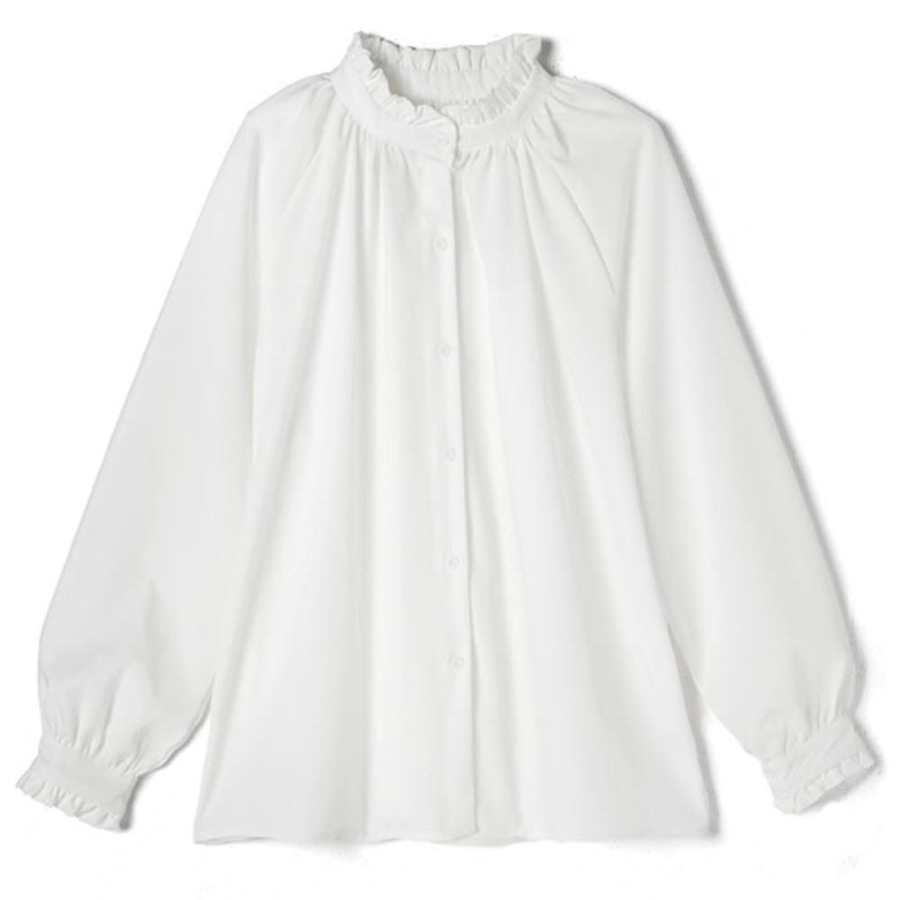 日本 GRL - 荷葉立領雪紡長袖襯衫-天使白