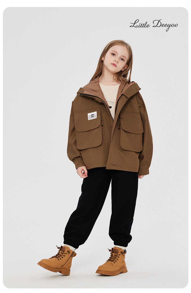 Little Deeyoo - 日系工裝防風連帽風衣外套/衝鋒外套-米白色