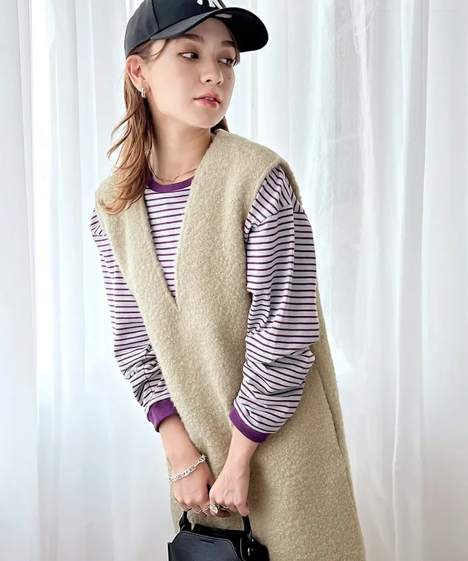 日本 Classical Elf - 毛茸茸修身V領背心裙-摩卡