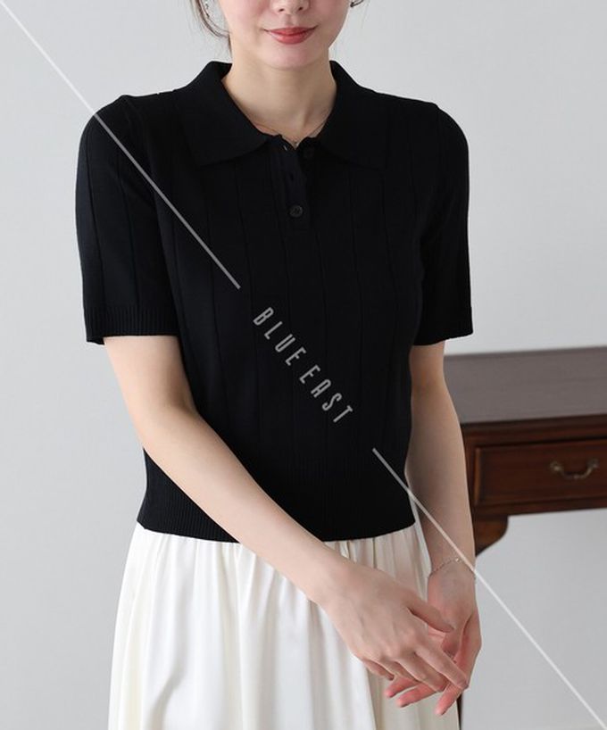 日本 BLUE EAST - 都會氣息寬羅紋針織短袖polo衫-煙燻藍